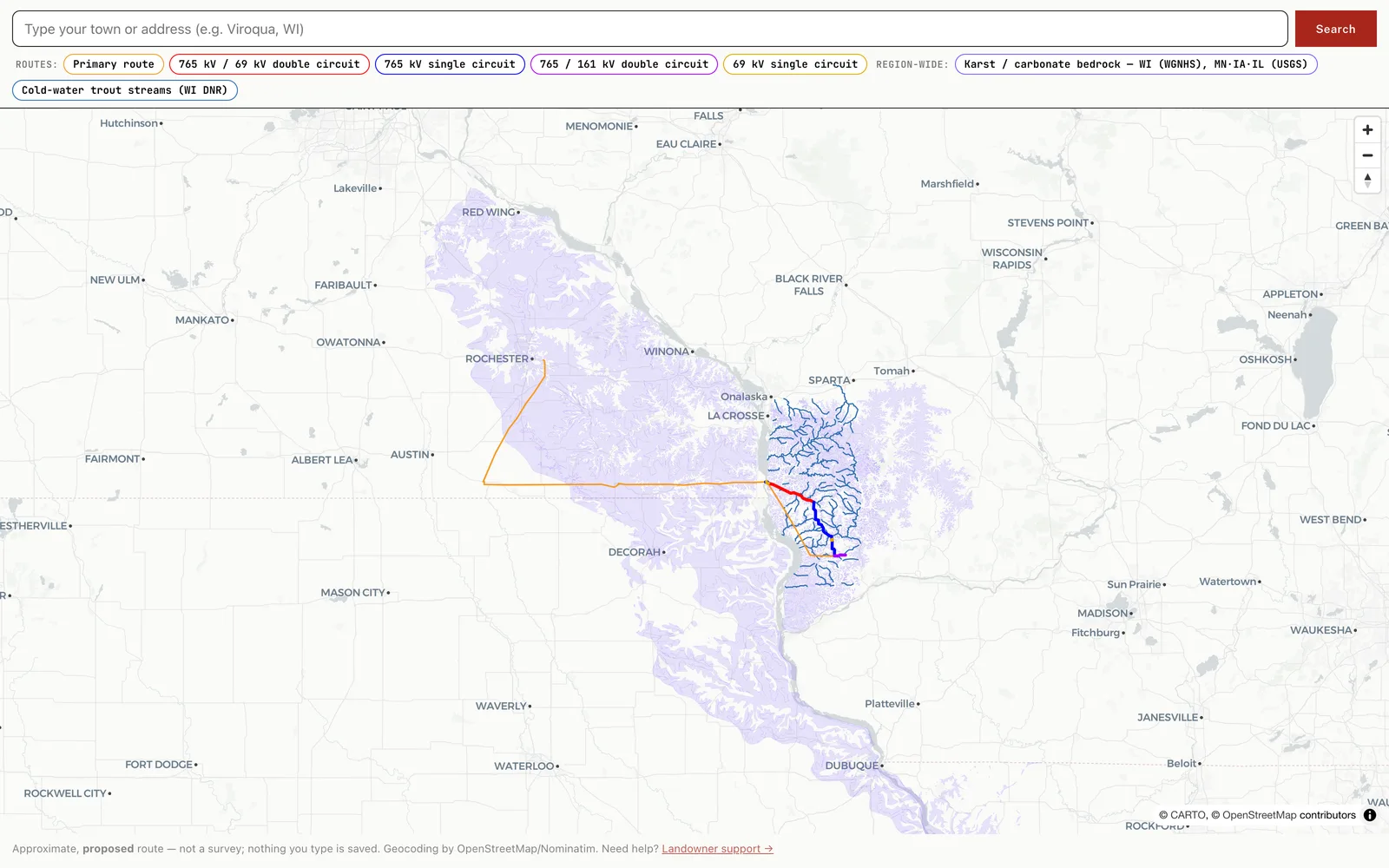 The landowner explore tool with a 'Type your town or address' search bar, colored route-toggle chips for each line configuration, and the corridor over karst and trout layers.