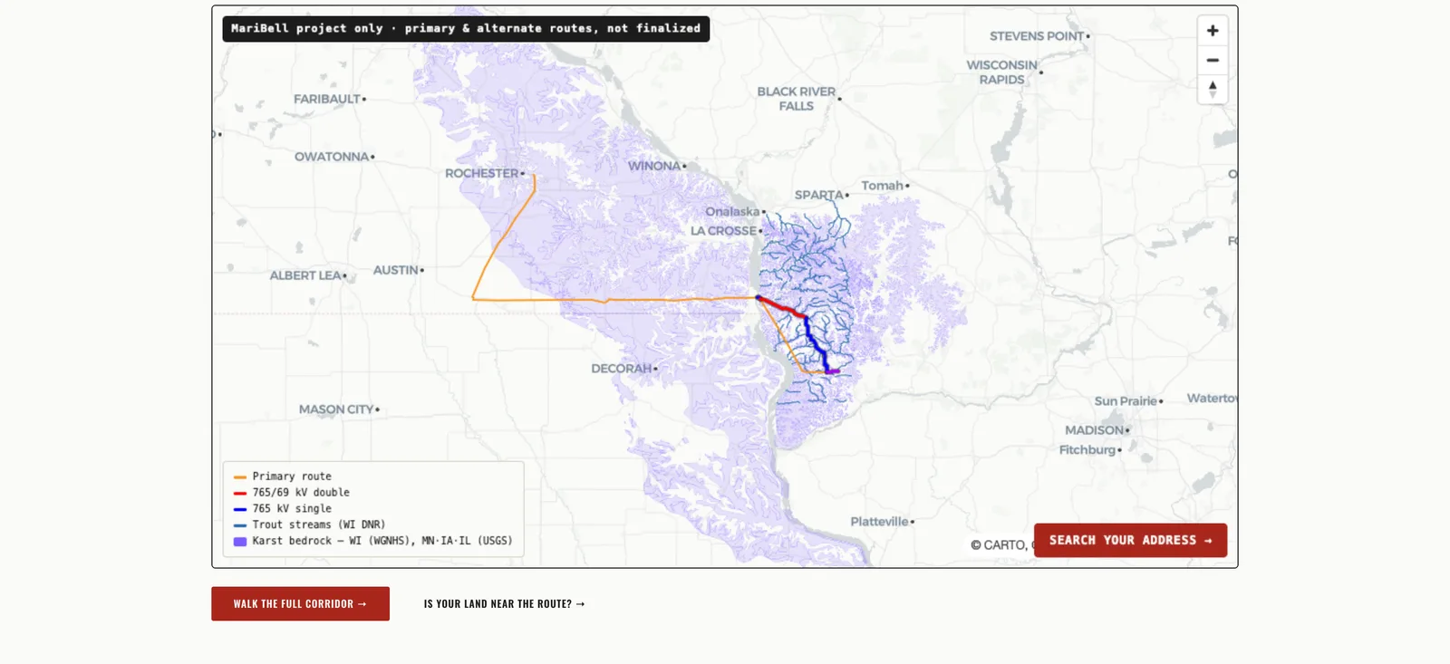 The homepage overview map showing the proposed corridor in orange, red and blue against purple karst bedrock and blue trout streams across the Driftless region, with a Search Your Address button.