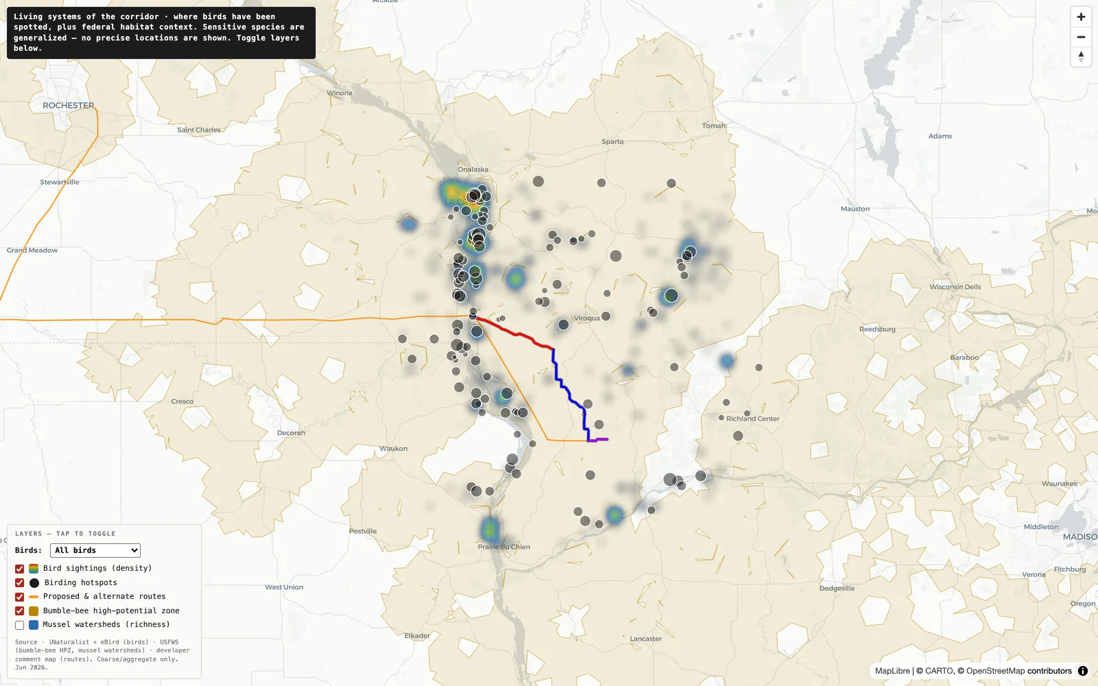 The living systems species map showing a rainbow heat-density layer of bird observations, dark hotspot dots, the corridor routes, a bumble-bee zone and a species selector dropdown set to 'All birds.'
