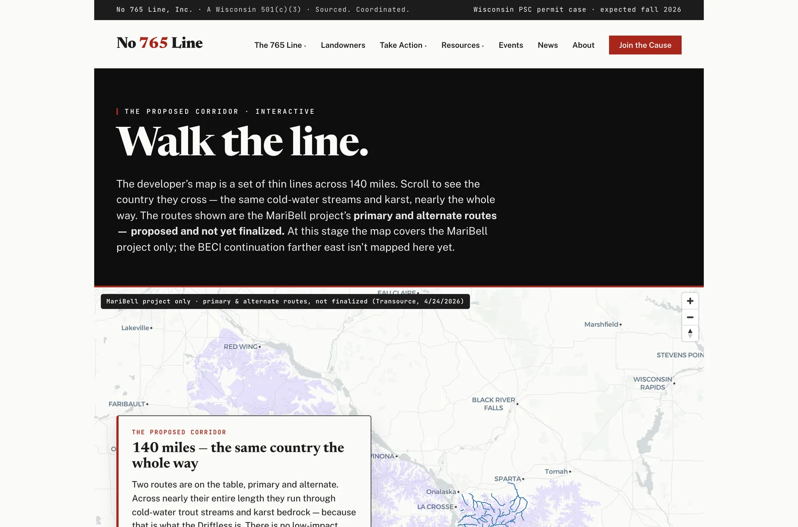 The Walk the Line storyscroll: a dark editorial header reading 'Walk the line' above a pinned map with a floating narrative card titled '140 miles — the same country the whole way.'