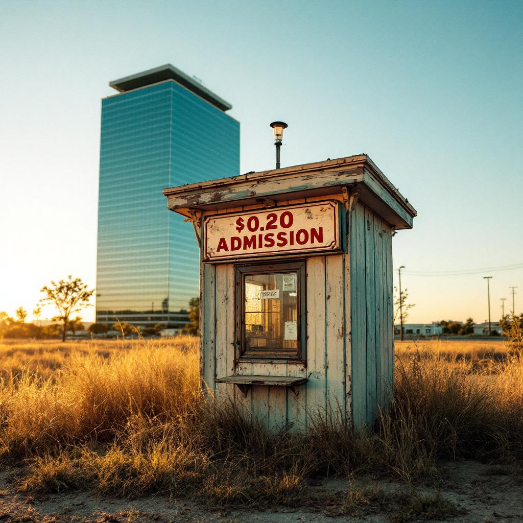 An abandoned amusement park ticket booth reading '$0.20 Admission' in the foreground, with a modern glass-and-steel corporate tower rising behind it