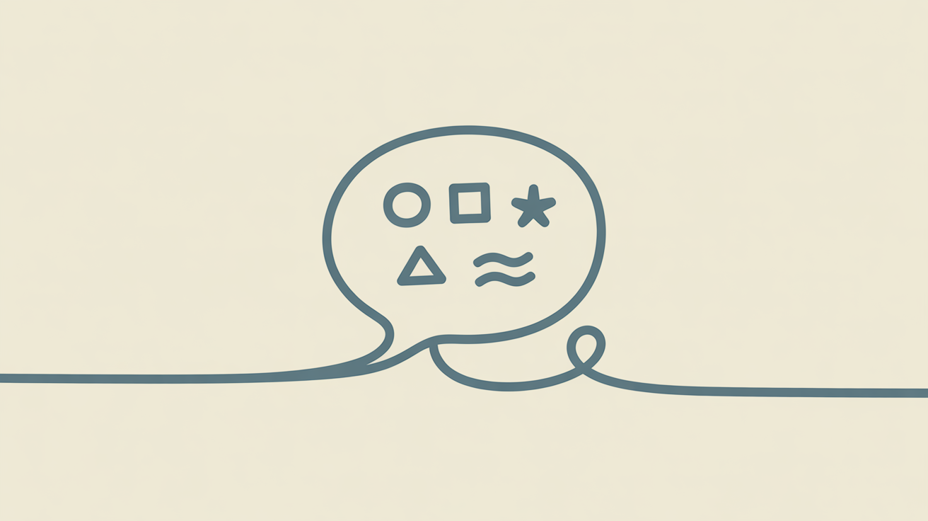 Line illustration of a speech bubble containing five small symbols