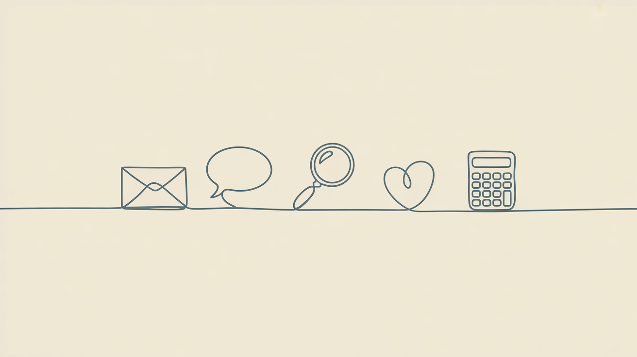 Line illustration of five small objects in a row: envelope, speech bubble, magnifying glass, heart, calculator