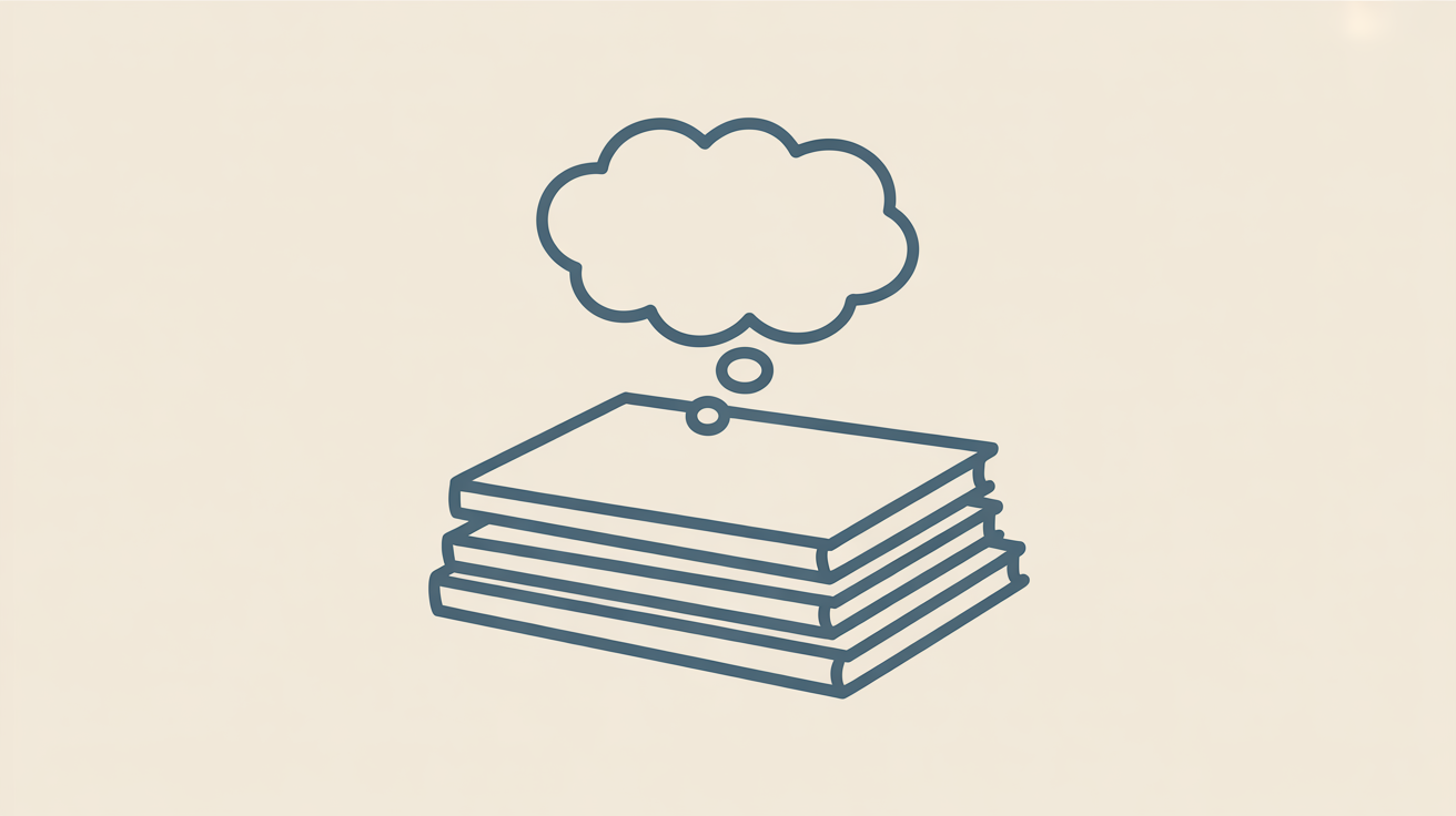 Line illustration of a stack of notebooks with a thought bubble floating above