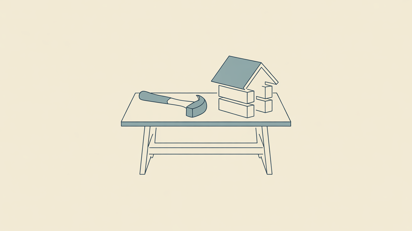 Line illustration of a workshop bench with a hammer and a half-built small house made of blocks